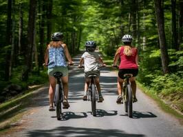 familj på Cyklar på en skog cykel väg ai generativ foto