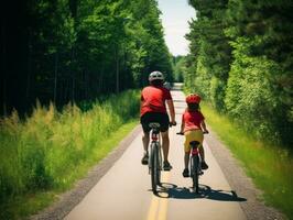 familj på Cyklar på en skog cykel väg ai generativ foto
