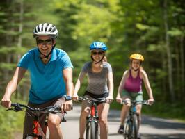 familj på Cyklar på en skog cykel väg ai generativ foto