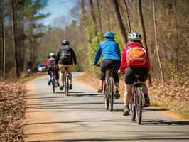 familj på Cyklar på en skog cykel väg ai generativ foto