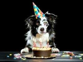 förtjusande hund Framställ med en födelsedag kaka på en firande ai generativ foto