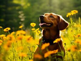 nyfiken hund utforska en fält av blomning vild blomma ai generativ foto