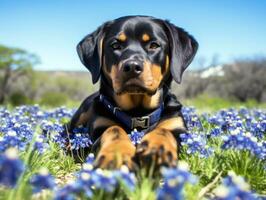 nyfiken hund utforska en fält av blomning vild blomma ai generativ foto