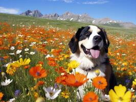 nyfiken hund utforska en fält av blomning vild blomma ai generativ foto