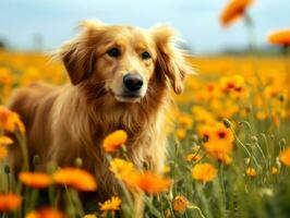 nyfiken hund utforska en fält av blomning vild blomma ai generativ foto