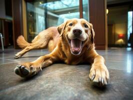 innehåll hund njuter i de levande rum golv ai generativ foto