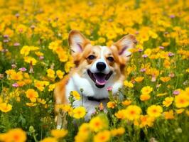 nyfiken hund utforska en fält av blomning vild blomma ai generativ foto