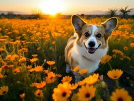 nyfiken hund utforska en fält av blomning vild blomma ai generativ foto