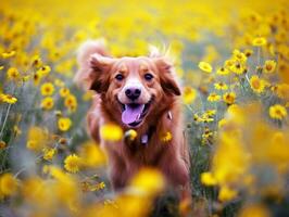 nyfiken hund utforska en fält av blomning vild blomma ai generativ foto