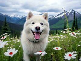 nyfiken hund utforska en fält av blomning vild blomma ai generativ foto