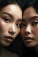 porträtt av två asiatisk kvinnor, närbild, naturlig mjuk belysning, ai genererad konst foto