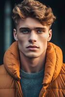porträtt av en europeisk man med brun hår, närbild, mjuk ljus, konst skapas förbi artificiell intelligens, ai genererad konst foto