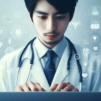 läkare använda sig av bärbar dator påfrestande till utveckla ny och Mer Avancerad mediciner ai generativ foto