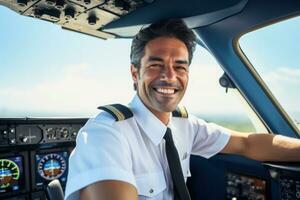porträtt av pilot i flygplan stuga. generativ ai foto