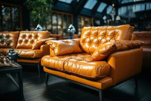 eleganta brun läder soffa i lägenhet. generativ ai foto