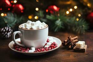 råna med varm choklad och marshmallow mot jul lampor. generativ ai foto