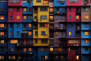 färgad bostads- byggnad Fasad med balkonger. generativ ai foto