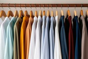 färgrik kläder på galgar i garderob. generativ ai foto