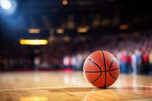 basketboll boll på domstol med stadion bakgrund. generativ ai foto