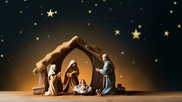 ai generativ jul stjärnbelyst nativity scen diorama porträtterar de berättelse av jesus' födelse foto