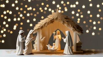 ai generativ jul stjärnbelyst nativity scen diorama porträtterar de berättelse av jesus' födelse foto
