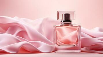 generativ ai, flaska av parfym på en rosa silke bakgrund. glas flaska med rosa doft förpackning design falsk upp foto