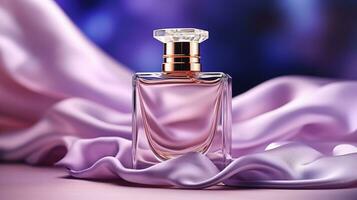 generativ ai, flaska av parfym på en lila silke bakgrund. glas flaska med lila doft förpackning design falsk upp foto