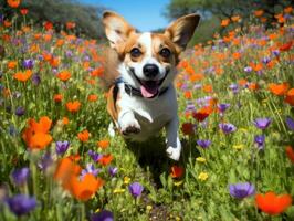 nyfiken hund utforska en fält av blomning vild blomma ai generativ foto