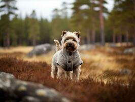 hund under en vinter- promenad ai generativ foto