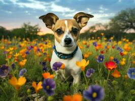 nyfiken hund utforska en fält av blomning vild blomma ai generativ foto