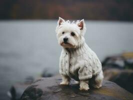 hund under en vinter- promenad ai generativ foto