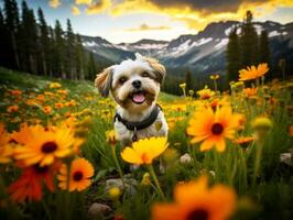 nyfiken hund utforska en fält av blomning vild blomma ai generativ foto