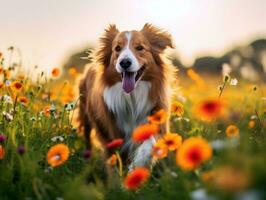 nyfiken hund utforska en fält av blomning vild blomma ai generativ foto