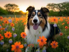 nyfiken hund utforska en fält av blomning vild blomma ai generativ foto
