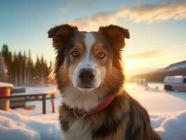 hund under en vinter- promenad ai generativ foto