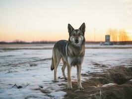 hund under en vinter- promenad ai generativ foto