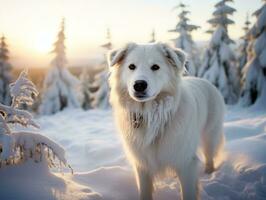 hund under en vinter- promenad ai generativ foto