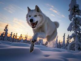 hund under en vinter- promenad ai generativ foto