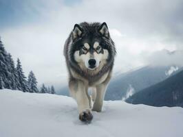 hund under en vinter- promenad ai generativ foto