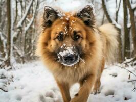 hund under en vinter- promenad ai generativ foto