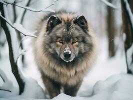 hund under en vinter- promenad ai generativ foto