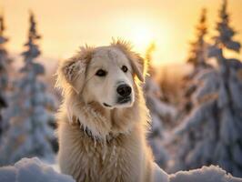 hund under en vinter- promenad ai generativ foto