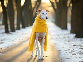 hund under en vinter- promenad ai generativ foto