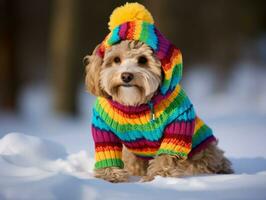 hund under en vinter- promenad ai generativ foto