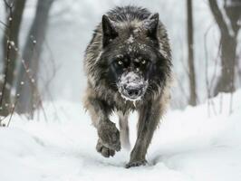 hund under en vinter- promenad ai generativ foto