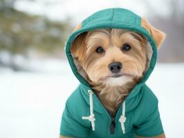 hund under en vinter- promenad ai generativ foto