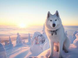 hund under en vinter- promenad ai generativ foto