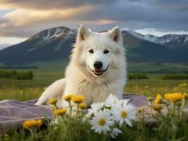 fluffig hund Sammanträde på en färgrik picknick filt ai generativ foto