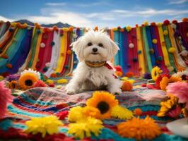 fluffig hund Sammanträde på en färgrik picknick filt ai generativ foto