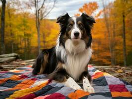 fluffig hund Sammanträde på en färgrik picknick filt ai generativ foto